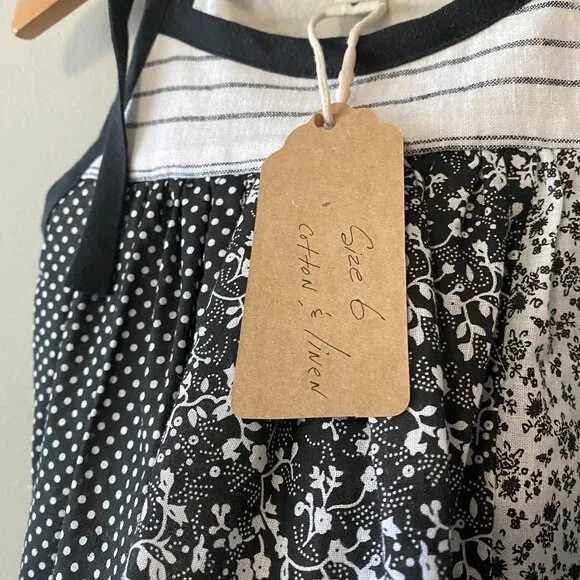 Handmade Children's Cotton Linen Black White Mixed Pattern Tie Strap Dress - Picture 4 of 13